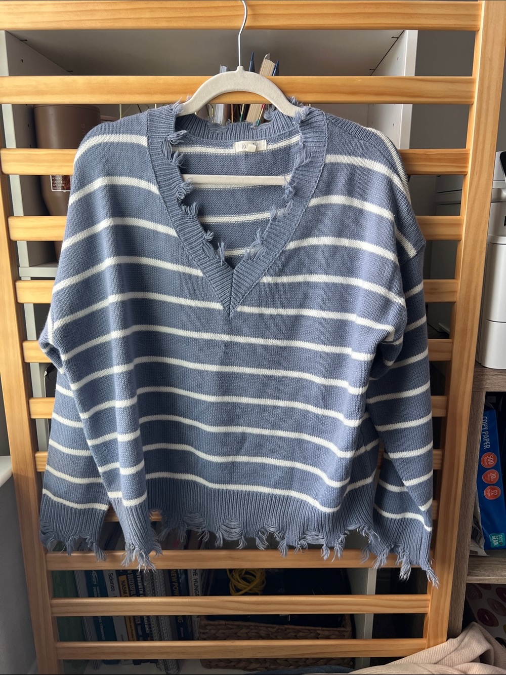 Distressed Blue & White Striped V-Neck Sweater